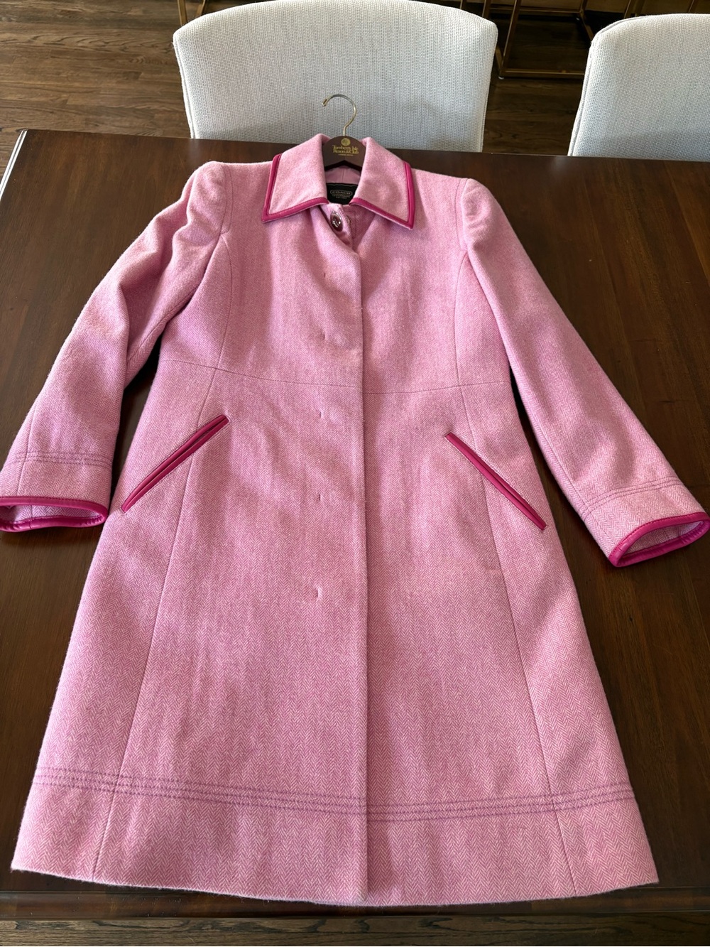 Coach Pink Wool-Blend Pea Coat with Hot Pink Leather Trim